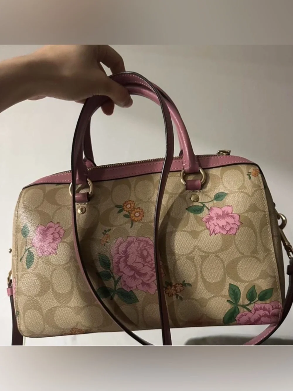 COACH Pink Floral Signature Canvas Satchel with Rose Trim - Picture 4 of 8